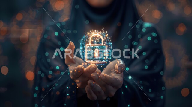 أيقونات الحواسيب وشبكات الانترنت، تطوير برامج قفل الشاشة، الحفاظ على البيانات الشخصية للمستخدمين، مفهوم امن التكنولوجيا المعلومات، صورة مقربة ليد امراة تحمل أيقونة قفل الأمان المضيئة باستخدام خاصية الهولوجرام ثلاثي الابعاد