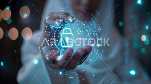 أيقونات الحواسيب وشبكات الانترنت، تطوير برامج قفل الشاشة، الحفاظ على البيانات الشخصية للمستخدمين، مفهوم امن التكنولوجيا المعلومات، صورة مقربة ليد امراة تحمل أيقونة قفل الأمان المضيئة باستخدام خاصية الهولوجرام ثلاثي الابعاد