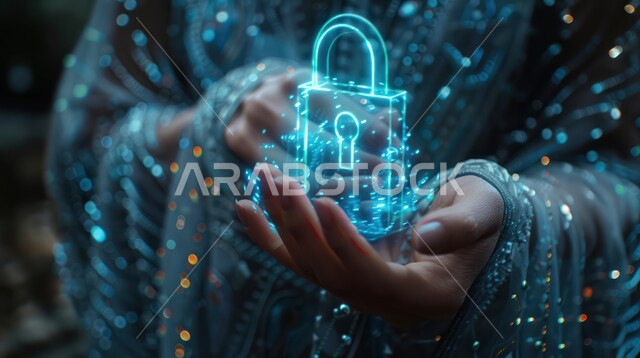 أيقونات الحواسيب وشبكات الانترنت، تطوير برامج قفل الشاشة، الحفاظ على البيانات الشخصية للمستخدمين، مفهوم امن التكنولوجيا المعلومات، صورة مقربة ليد امراة تحمل أيقونة قفل الأمان المضيئة باستخدام خاصية الهولوجرام ثلاثي الابعاد