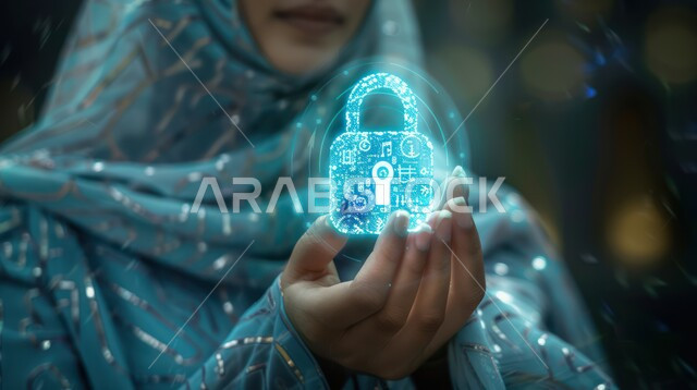 أيقونات الحواسيب وشبكات الانترنت، تطوير برامج قفل الشاشة، الحفاظ على البيانات الشخصية للمستخدمين، مفهوم امن التكنولوجيا المعلومات، صورة مقربة ليد امراة تحمل أيقونة قفل الأمان المضيئة باستخدام خاصية الهولوجرام ثلاثي الابعاد