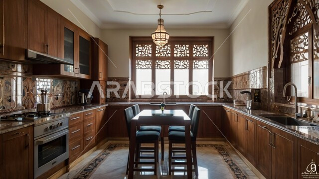 الفن المعماري الهندسي و الديكورات الحديثة، تصاميم عصرية فاخرة، شقق و فلل سكنية على الطراز الحديث في المملكة العربية السعودية, تصميم داخلي لمطبخ بأثاث خشبي راقي