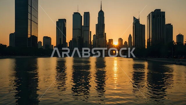 The waterfront on the coast of the Arabian Gulf, the view of the towers and skyscrapers in the United Arab Emirates, growth, progress and urban expansion, the architectural art of buildings and facilities overlooking the sea, the tourist attractions of the Emirate of Dubai