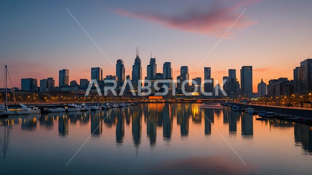 الفن الهندسي المعماري للمباني والمنشآت المطلة على البحر, معالم إمارة دبي السياحية, الواجهة البحرية على ساحل الخليج العربي, منظر الأبراج وناطحات السحاب في دولة الإمارات العربية المتحدة, النمو والتقدم والتوسع العمراني