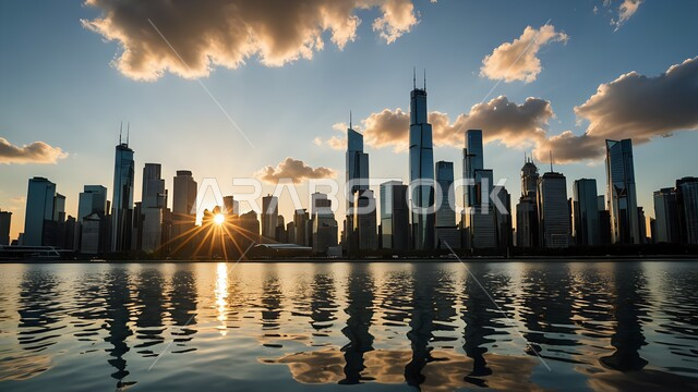 الواجهة البحرية على ساحل الخليج العربي، منظر الأبراج وناطحات السحاب في دولة الإمارات العربية المتحدة، النمو والتقدم والتوسع العمراني, الفن الهندسي المعماري للمباني والمنشآت المطلة على البحر, معالم إمارة دبي السياحية