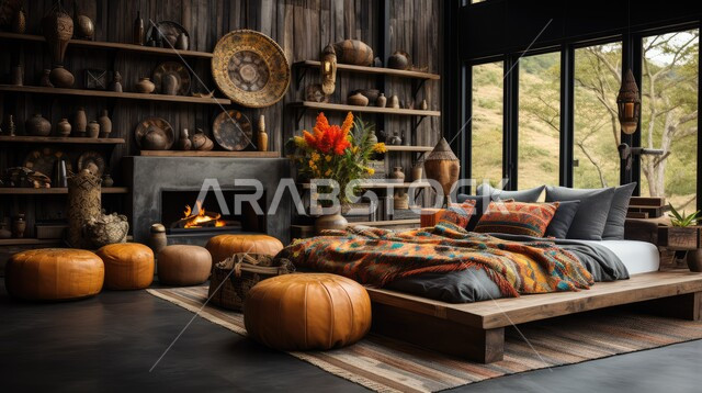 اكسسوارات وتحف منزلية، تصميمات داخلية متميزة لغرفة نوم، أثاث منزلي أنيق ومريح، فنادق ومنتجعات راقية على الطراز الحديث، شقق وفلل سكنية بديكورات متطورة، غرف بتصاميم عصرية فاخرة، واجهة زجاجية مطلة على الطبيعة