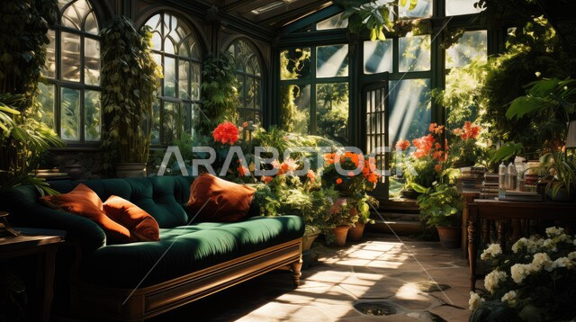 التصاميم الداخلية لغرف الجلوس على الطراز الحديث، الاهتمام في نباتات الزينة الخضراء, غرفة معيشة مع أثاث منزلي بسيط, ديكور داخلي راقي للفلل والشقق السكنية في المملكة العربية السعودية, مكان للاسترخاء والاستجمام وسط الطبيعة