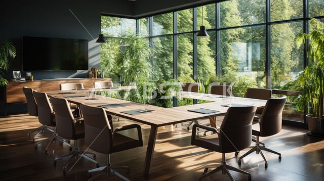 غرف مكتبية بتصاميم داخلية وديكورات راقية، تصميم عصري حديث لمكاتب الشركات السعودية، غرفة اجتماعات واسعة مع طاولة خشبية محاطة بكراسي، مكتب عمل بواجهه زجاجية مطلة على الطبيعة الخضراء في وضح النهار