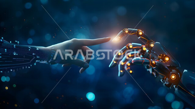 التطور التقني و التكنولوجي الحديث, الابتكار والعلوم وتكنولوجيا الذكاء الاصطناعي, مفهوم تحقيق الثورة الصناعية, رؤية سعودية مستقبلية 2030, التحول و التقدم الرقمي، صورة مقربة ليد روبوت تلامس يد بشرية