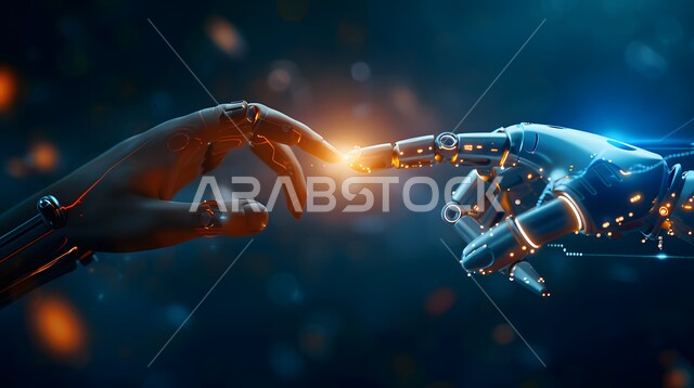 الابتكار والعلوم وتكنولوجيا الذكاء الاصطناعي, مفهوم تحقيق الثورة الصناعية, رؤية سعودية مستقبلية 2030, التحول و التقدم الرقمي، صورة مقربة ليد روبوت تلامس يد بشرية, التطور التقني و التكنولوجي الحديث