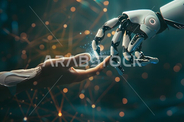 رؤية سعودية مستقبلية 2030, التحول و التقدم الرقمي، صورة مقربة ليد روبوت تلامس يد بشرية, مفهوم تحقيق الثورة الصناعية, الابتكار والعلوم وتكنولوجيا الذكاء الاصطناعي, التطور التقني و التكنولوجي الحديث