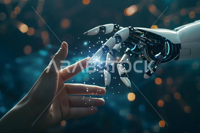 التطور التقني و التكنولوجي الحديث, التحول و التقدم الرقمي, رؤية سعودية مستقبلية 2030، صورة مقربة ليد روبوت تلامس يد بشرية, مفهوم تحقيق الثورة الصناعية, الابتكار والعلوم وتكنولوجيا الذكاء الاصطناعي