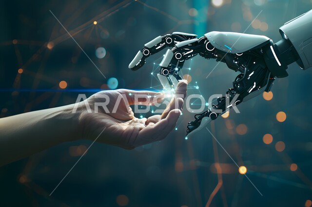 تطور التقنيات الحديثة, التحول الرقمي والتقدم التقني, رؤية سعودية مستقبلية 2030، صورة مقربة ليد روبوت تلامس يد بشرية, تحقيق الثورة الصناعية, الابتكار والعلوم وتكنولوجيا الذكاء الاصطناعي