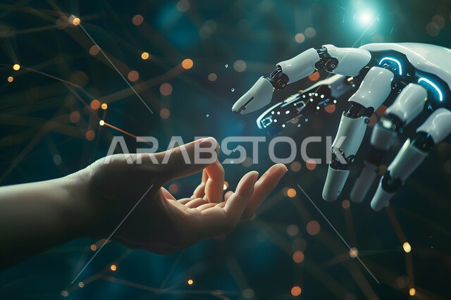 تحقيق الثورة الصناعية، الابتكار والعلوم وتكنولوجيا الذكاء الاصطناعي,  تطور التقنيات الحديثة, التحول الرقمي والتقدم التقني, رؤية سعودية مستقبلية 2030، صورة مقربة ليد روبوت تلامس يد بشرية