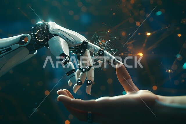 رؤية سعودية مستقبلية 2030، صورة مقربة ليد روبوت تلامس يد بشرية, تحقيق الثورة الصناعية، الابتكار والعلوم وتكنولوجيا الذكاء الاصطناعي,  تطور التقنيات الحديثة, التحول الرقمي والتقدم التقني