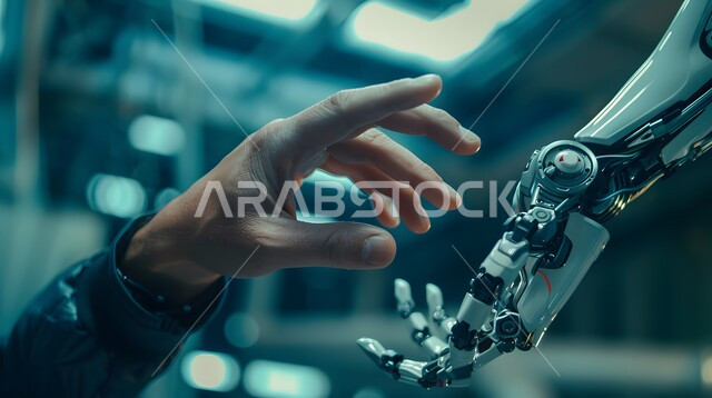 تطور التقنيات الحديثة، التحول الرقمي والتقدم التقني, رؤية سعودية مستقبلية 2030، صورة مقربة ليد روبوت تلامس يد بشرية, تحقيق الثورة الصناعية، الابتكار والعلوم وتكنولوجيا الذكاء الاصطناعي 