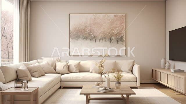 اكسسوارات وتحف عصرية، التصاميم الداخلية لغرف الجلوس المريحة على الطراز الحديث، غرفة معيشة مع أثاث منزلي فاخر باللون البيج، الديكورات الداخلية الراقية للفلل والشقق السكنية في المملكة العربية السعودية، لوحات فنية معلقة