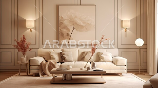 الديكورات الداخلية الراقية للفلل والشقق السكنية في المملكة العربية السعودية، اكسسوارات وتحف عصرية، التصاميم الداخلية لغرف الجلوس المريحة على الطراز الحديث، غرفة معيشة مع أثاث منزلي فاخر باللون البيج، لوحات فنية معلقة