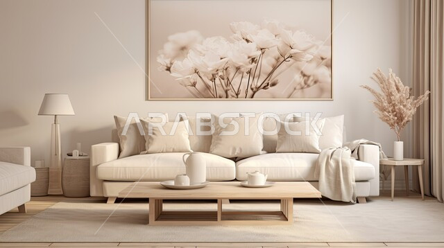 التصاميم الداخلية لغرف الجلوس المريحة على الطراز الحديث، الديكورات الداخلية الراقية للفلل والشقق السكنية في المملكة العربية السعودية، اكسسوارات وتحف عصرية، غرفة معيشة مع أثاث منزلي فاخر باللون البيج، لوحات فنية معلقة