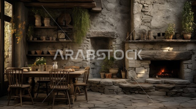 الفن الهندسي المعماري على الطراز التراثي القديم، منزل عربي يضم طاولة خشبية وموقد نار مصنوع من الحجر، الاكسسوارات والتحف بتصاميم وديكورات شعبية، أثاث منزلي ومجالس عربية تقليدية