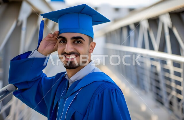النظر إلى الكاميرا بايماءات السرور والرضا، مفهوم النجاح والتفوق، الاحتفال بإنهاء الدراسة الجامعية، صورة مقربة لطالب عربي سعودي خليجي يرتدي العباءة وقبعة التخرج بتعابير الفرح والسعادة