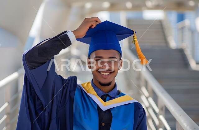 مفهوم النجاح والتفوق، الاحتفال بإنهاء الدراسة الجامعية، تعابير الفرح والسعادة، صورة مقربة لطالب عربي سعودي خليجي يرتدي العباءة وقبعة التخرج ينظر إلى الكاميرا بايماءات السرور والرضا