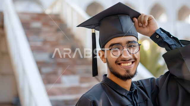 الاحتفال بإنهاء الدراسة الجامعية، تعابير الفرح والسعادة، صورة مقربة لطالب عربي سعودي خليجي يرتدي العباءة وقبعة التخرج ينظر إلى الكاميرا بايماءات السرور والرضا, مفهوم النجاح والتفوق