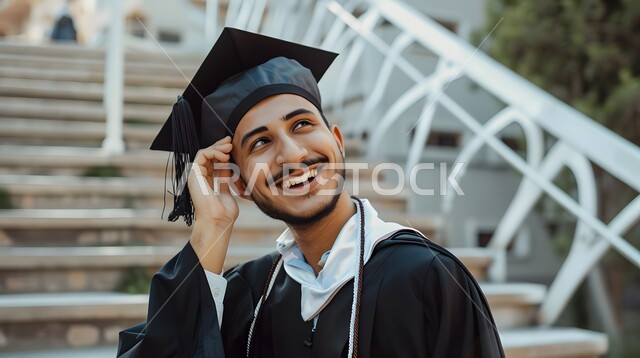 تعابير الفرح والسعادة، مفهوم النجاح والتفوق، الاحتفال بإنهاء الدراسة الجامعية، صورة مقربة لطالب عربي سعودي خليجي يرتدي العباءة وقبعة التخرج ينظر إلى الأعلى بايماءات السرور والرضا