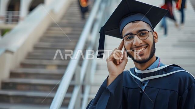 الشعور بالفرح والسعادة، الاحتفال بإنهاء الدراسة الجامعية، صورة مقربة لطالب عربي سعودي خليجي يرتدي العباءة وقبعة التخرج ينظر إلى الكاميرا بتعابير السرور والرضا, مفهوم النجاح والتفوق