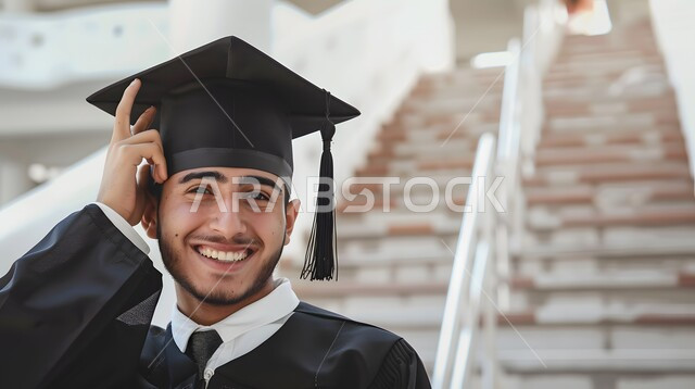 ايماءات الفرح والسعادة، الاحتفال بإنهاء الدراسة الجامعية، صورة مقربة لطالب عربي سعودي خليجي يرتدي العباءة وقبعة التخرج ينظر إلى الكاميرا بتعابير السرور والرضا, مفهوم النجاح والتفوق