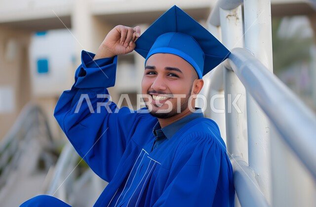 تعابير الفرح والسعادة، الاحتفال بإنهاء الدراسة الجامعية، صورة مقربة لطالب عربي سعودي خليجي يرتدي العباءة وقبعة التخرج ينظر إلى الكاميرا بإيماءات السرور والرضا, مفهوم النجاح والتفوق