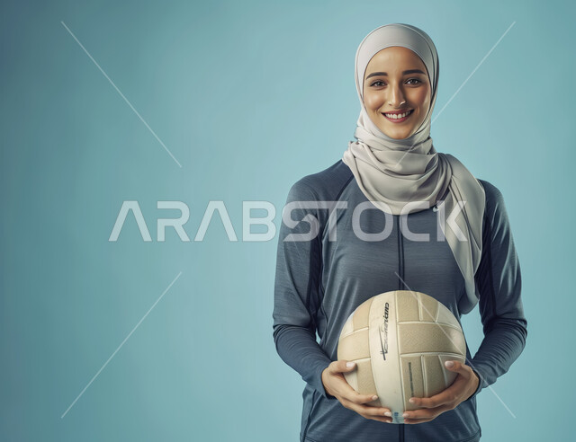 احتراف الرياضات الجماعية، الوقوف باستقامة والنظر إلى الكاميرا، المحافظة على أسلوب حياة صحي، الاستعداد لبدء المباراة، ممارسة هواية اللعب بالكرة الطائرة، بورتريه للاعبة عربية سعودية خليجية ترتدي الملابس الرياضية تحمل بيدها الكرة بإيماءات السرور، خلفية زرقاء