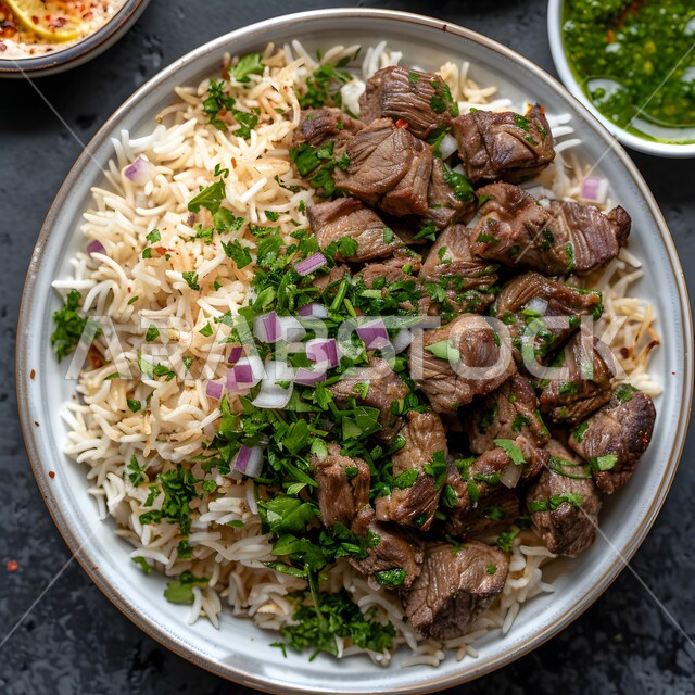 ولائم وأطباق عربية تقليدية شعبية، طبق من أرز الكبسة مع قطع اللحم المزين بالفلفل و البقدونس، وصفات الطعام الشهية، المأكولات والوجبات الشرقية، مطابخ ومطاعم المملكة العربية السعودية