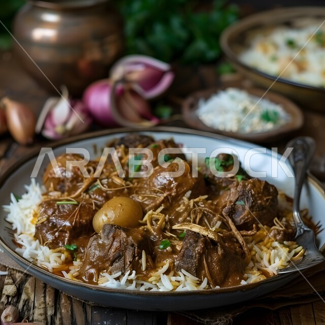 ولائم وأطباق عربية تقليدية شعبية، طبق من أرز الكبسة مع قطع اللحم المزين بالفلفل و البقدونس، وصفات الطعام الشهية، المأكولات والوجبات الشرقية، مطابخ ومطاعم المملكة العربية السعودية