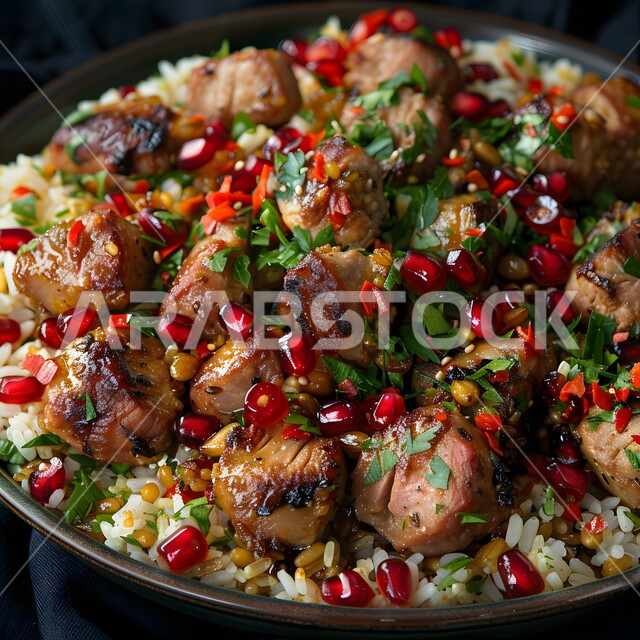 Popular traditional Arab feasts and dishes, a dish of kabsa rice with pieces of meat decorated with pepper and parsley, delicious food recipes, oriental food and meals, kitchens and restaurants in the Kingdom of Saudi Arabia