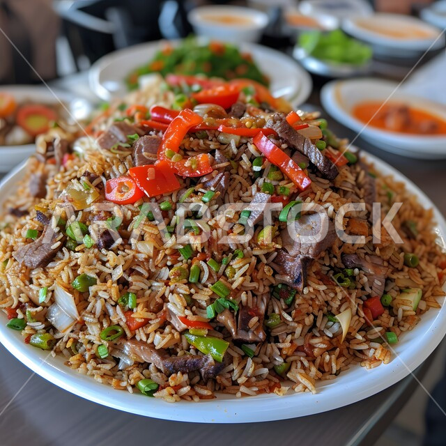 ولائم وأطباق عربية تقليدية شعبية، طبق من أرز الكبسة مع قطع اللحم المزين بالفلفل و البقدونس، وصفات الطعام الشهية، المأكولات والوجبات الشرقية، مطابخ ومطاعم المملكة العربية السعودية