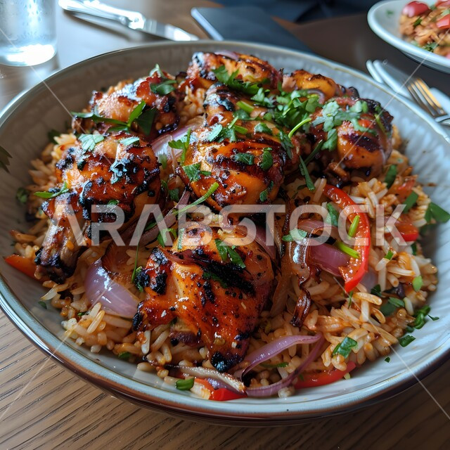 Popular traditional Arab feasts and dishes, a dish of kabsa rice with pieces of meat decorated with pepper and parsley, delicious food recipes, oriental food and meals, kitchens and restaurants in the Kingdom of Saudi Arabia