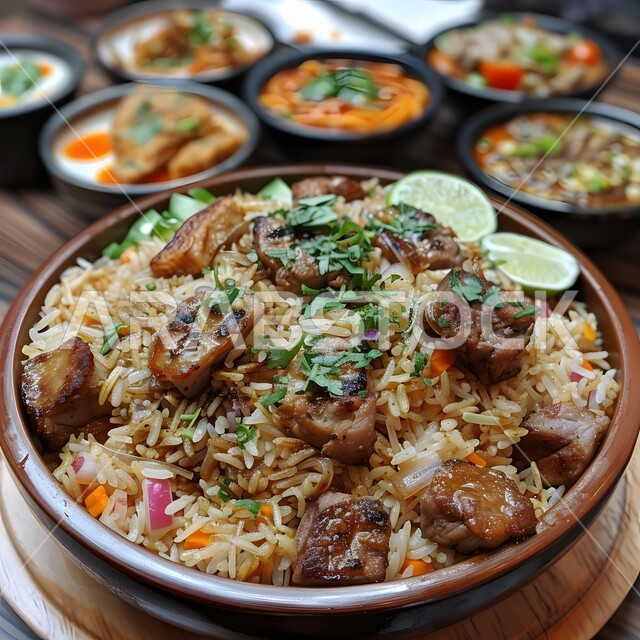  طبق من أرز الكبسة مع قطع اللحم المزين بالفلفل و البقدونس، ولائم وأطباق عربية تقليدية شعبية، وصفات الطعام الشهية، المأكولات والوجبات الشرقية، مطابخ ومطاعم المملكة العربية السعودية