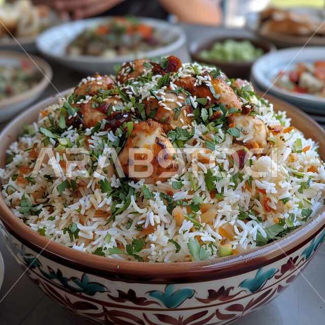 طبق من أرز الكبسة مع قطع اللحم المزين بالفلفل و البقدونس، ولائم وأطباق عربية تقليدية شعبية، وصفات الطعام الشهية، المأكولات والوجبات الشرقية، مطابخ ومطاعم المملكة العربية السعودية