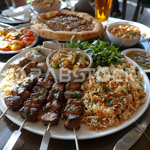 A plate of kabsa rice with pieces of meat decorated with pepper and parsley, popular traditional Arab feasts and dishes, delicious food recipes, oriental food and meals, kitchens and restaurants in the Kingdom of Saudi Arabia