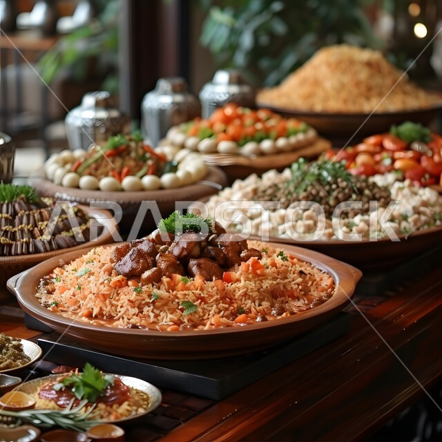  طبق من أرز الكبسة مع قطع اللحم المزين بالفلفل و البقدونس، ولائم وأطباق عربية تقليدية شعبية، وصفات الطعام الشهية، المأكولات والوجبات الشرقية، مطابخ ومطاعم المملكة العربية السعودية