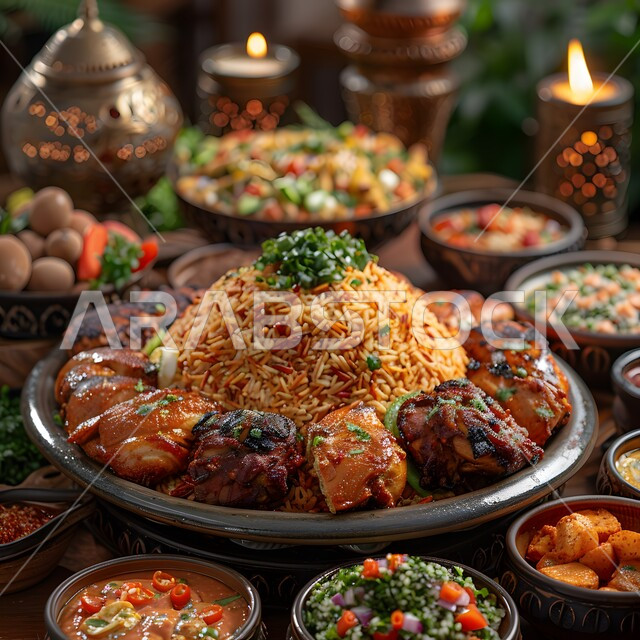  طبق من أرز الكبسة مع قطع اللحم المزين بالفلفل و البقدونس، ولائم وأطباق عربية تقليدية شعبية، وصفات الطعام الشهية، المأكولات والوجبات الشرقية، مطابخ ومطاعم المملكة العربية السعودية