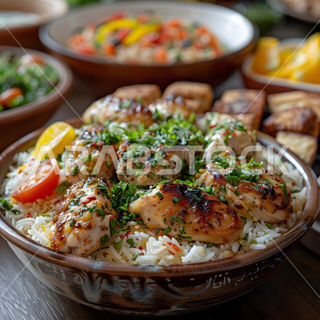  طبق من أرز الكبسة مع قطع اللحم المزين بالفلفل و البقدونس، ولائم وأطباق عربية تقليدية شعبية، وصفات الطعام الشهية، المأكولات والوجبات الشرقية، مطابخ ومطاعم المملكة العربية السعودية
