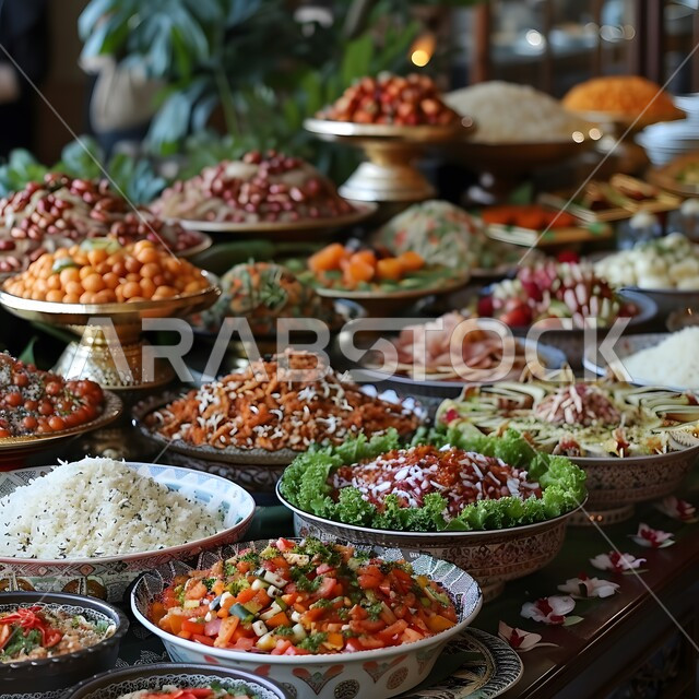 موعد الإفطار عند اذان المغرب، أنواع الأطعمة الشرقية العربية في موائد شهر رمضان المبارك، مطاعم ومطابخ المملكة العربية السعودية، سفرة مليئة بأصناف المأكولات والمقبلات الشهية، الوجبات والأطباق الرئيسية على مائدة الطعام