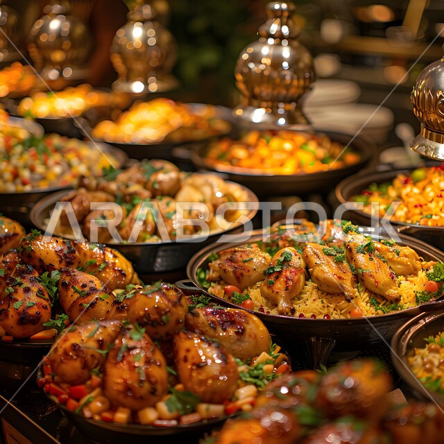 موعد الإفطار عند اذان المغرب، أنواع الأطعمة الشرقية العربية في موائد شهر رمضان المبارك، مطاعم ومطابخ المملكة العربية السعودية، سفرة مليئة بأصناف المأكولات والمقبلات الشهية، الوجبات والأطباق الرئيسية على مائدة الطعام