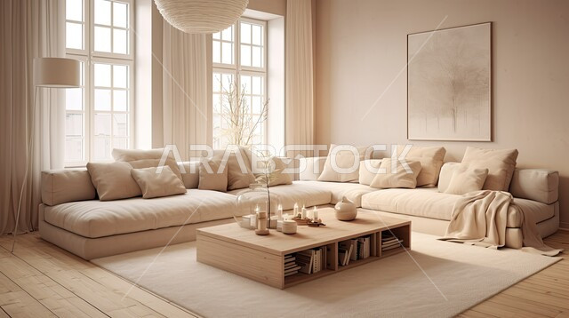 نوافذ وواجهات زجاجية، الديكورات الداخلية الراقية للفلل والشقق السكنية في المملكة العربية السعودية، اكسسوارات وتحف عصرية، غرفة معيشة مع أثاث منزلي فاخر باللون البيج، التصاميم الداخلية لغرف الجلوس المريحة على الطراز الحديث