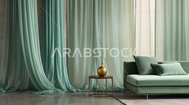 ستائر عصرية فاخرة، الديكورات الداخلية الراقية للفلل والشقق السكنية في المملكة العربية السعودية، غرفة معيشة مع أثاث منزلي فاخر باللون الأخضر، التصاميم الداخلية لغرف الجلوس المريحة على الطراز الحديث