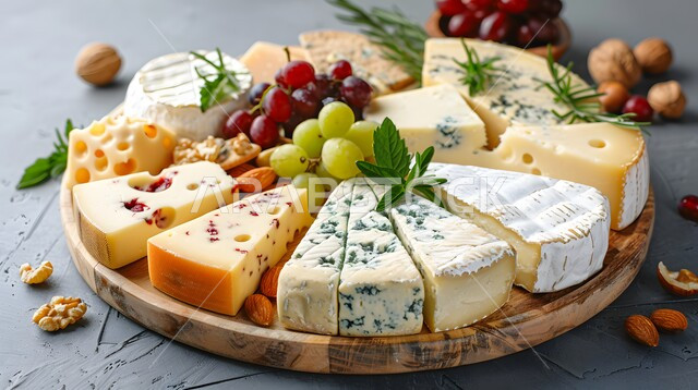 تشكيلة كبيرة من الجبن ، مجموعة متنوعة من الأجبان الطازجة على سطح خشبي ، وجبة طعام خفيفة وصحية ، فطور ريفي صباحي