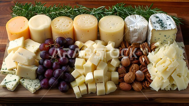 تشكيلة كبيرة من الجبن ، مجموعة متنوعة من الأجبان الطازجة على سطح خشبي ، وجبة طعام خفيفة وصحية ، فطور ريفي صباحي