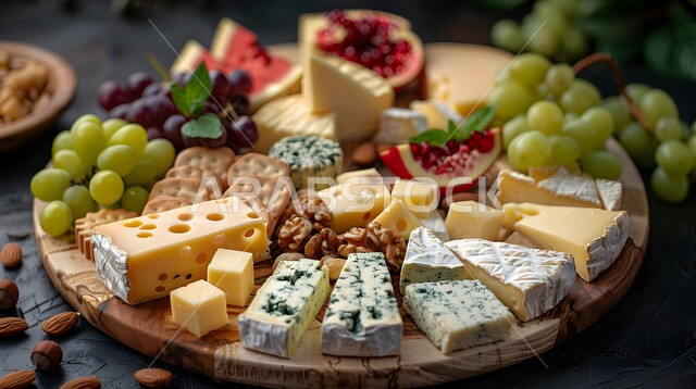 تشكيلة كبيرة من الجبن ، مجموعة متنوعة من الأجبان الطازجة على سطح خشبي ، وجبة طعام خفيفة وصحية ، فطور ريفي صباحي