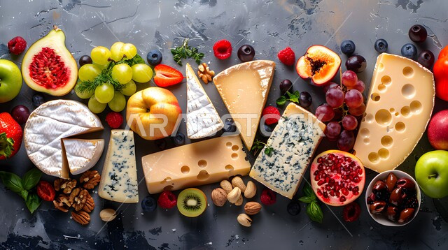 تشكيلة كبيرة من الجبن ، مجموعة متنوعة من الأجبان الطازجة على سطح خشبي ، وجبة طعام خفيفة وصحية ، فطور ريفي صباحي